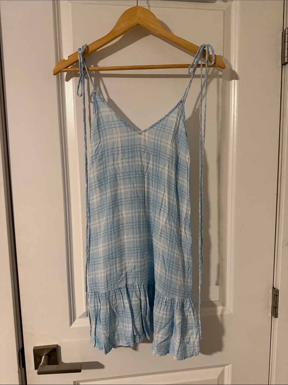 Light Blue Plaid Tie-Shoulder Sleep Slip